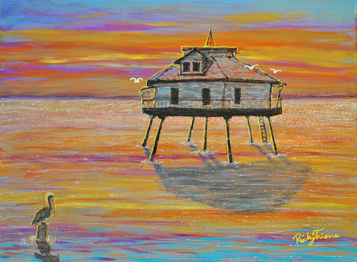 Mobile Middle Bay Lighthouse with Pelican by Ricky Trione, Print on Gallery Canvas